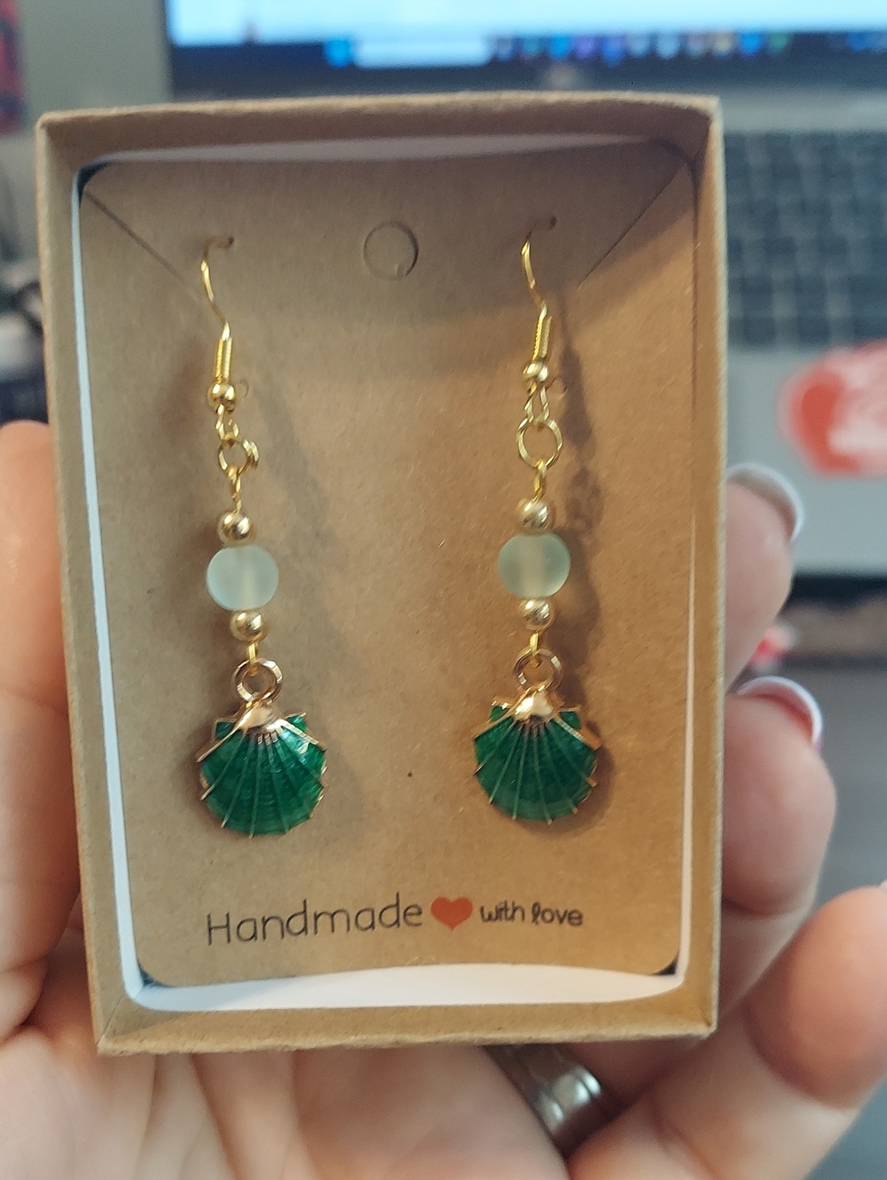 Handmade Gold & Green Shell Drop Earrings